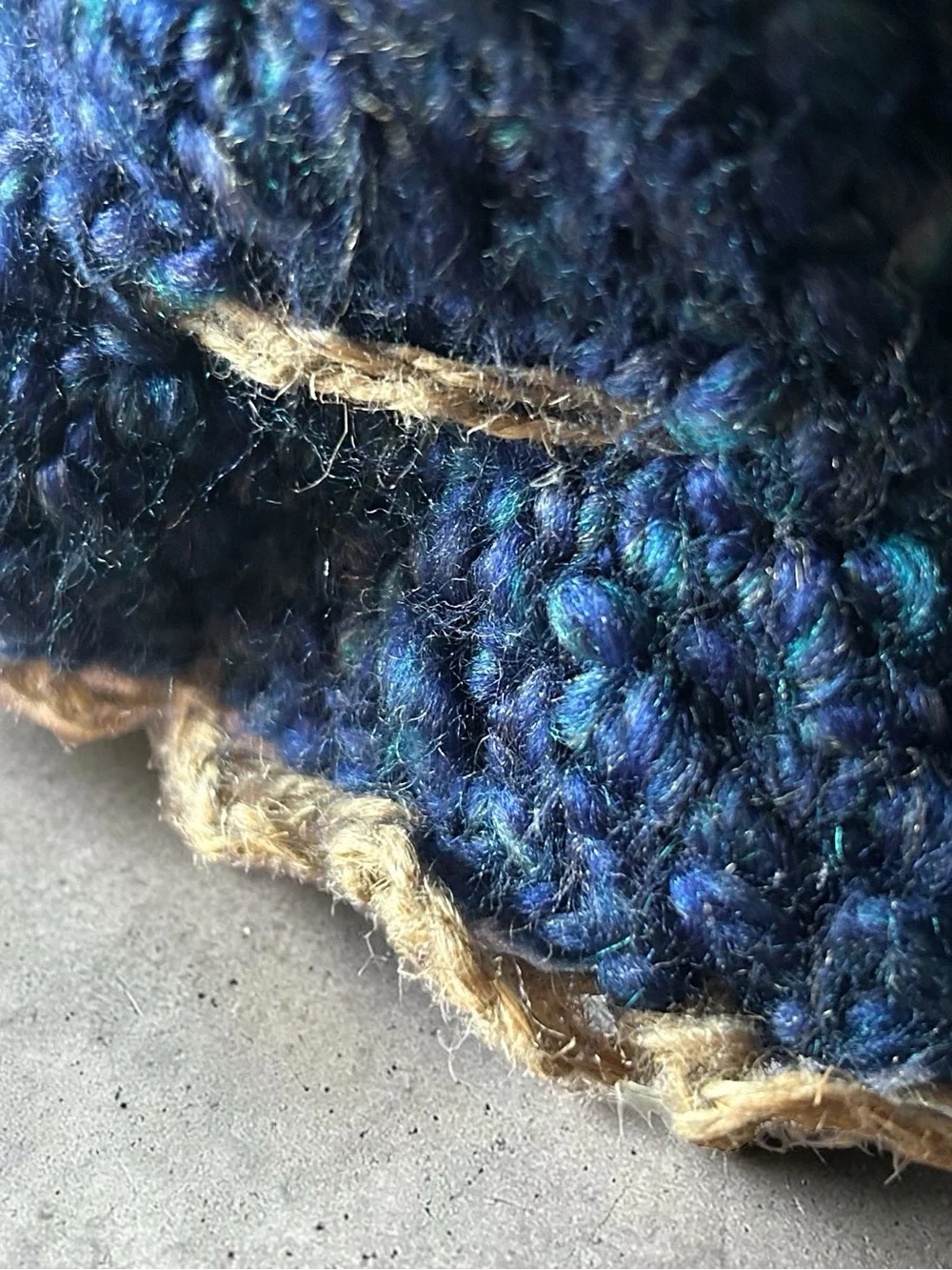Handmade Blue Crochet Bucket Hat with Tan Trim